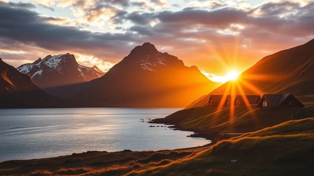 Goldene Stunde in Ísafjörður mit Sonnenuntergang hinter Berggipfeln und traditionellen Torfhaeusern
