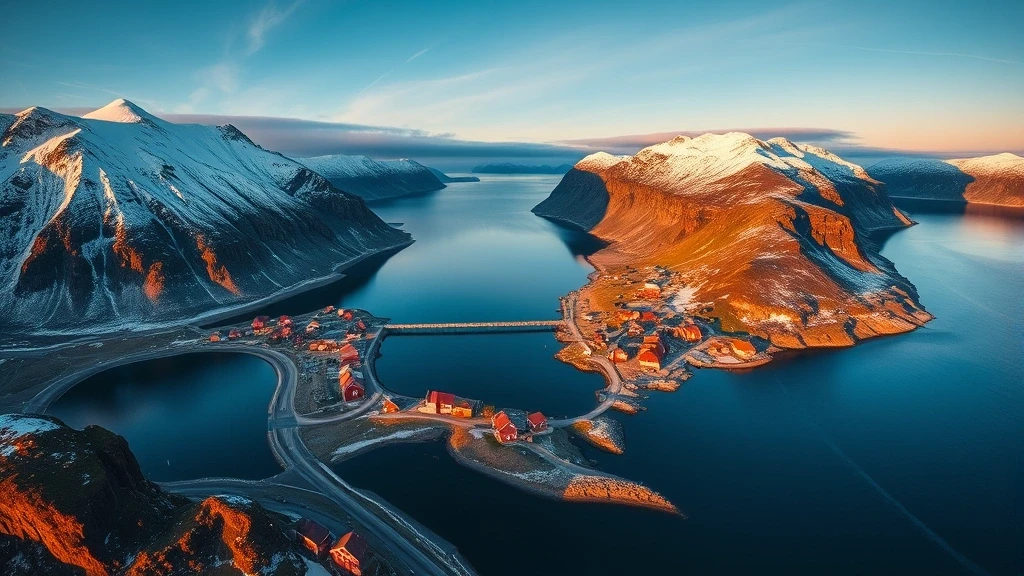 Luftaufnahme von Ísafjörður mit dramatischen Fjorden und schneebedeckten Bergen zur goldenen Stunde