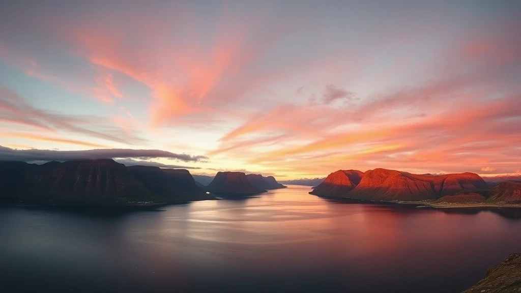 Panoramablick auf Ísafjörður bei Sonnenuntergang mit farbenfrohem Himmel und ruhigem Fjord