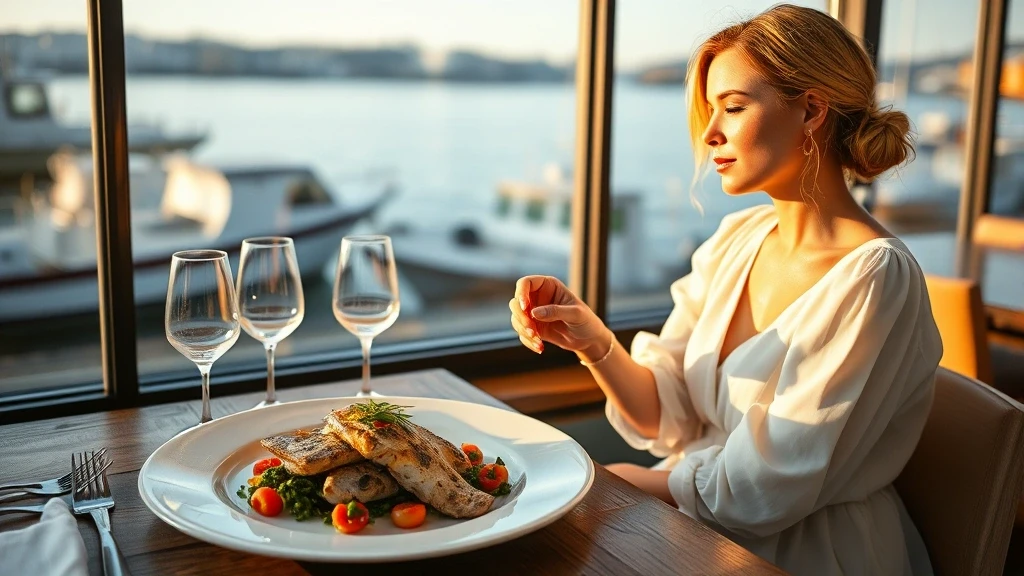 Elegante Frau geniesst frische Arktis-Meeresfruechte in Ísafjörður zur goldenen Stunde