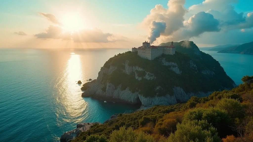 Luftaufnahme der Aragonese-Burg auf Ischia zur goldenen Stunde mit vulkanischen Felsen und tuerkisfarbenem Meer