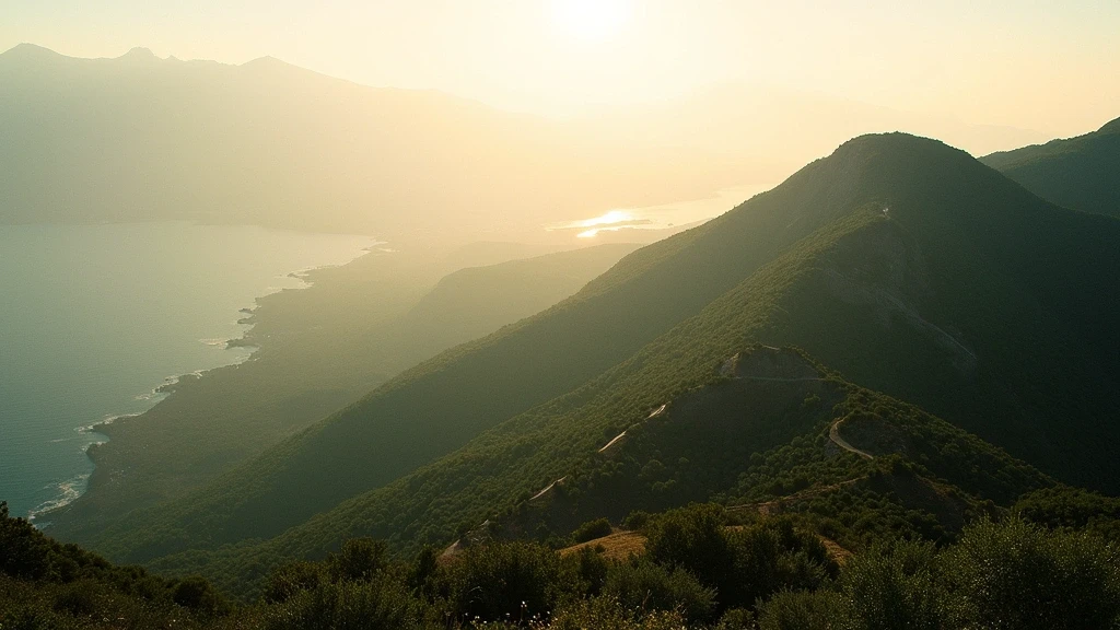 Panoramablick auf den Vulkan Epomeo auf Ischia mit gruenen Hängen und Wanderwegen im Morgenlicht