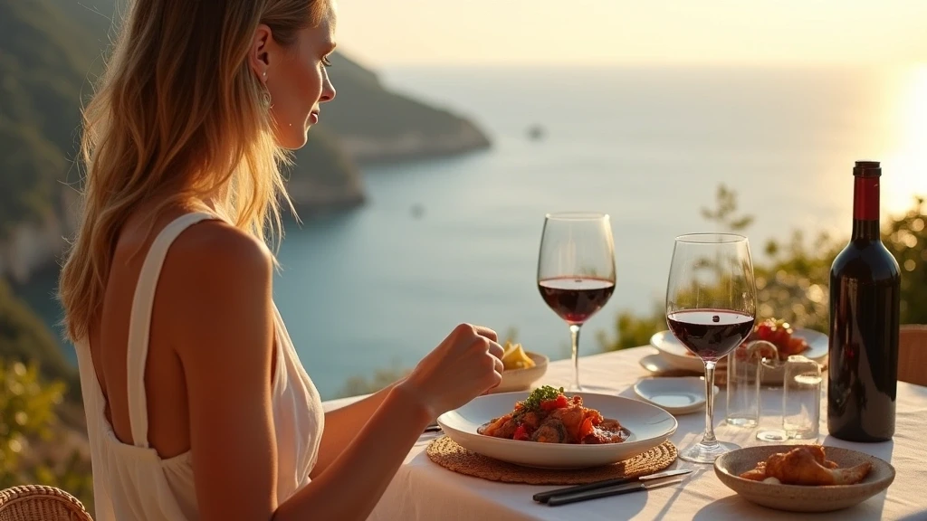 Elegante Frau geniesst lokales Kaninchenragout in einem Klippenrestaurant auf Ischia mit Meerblick