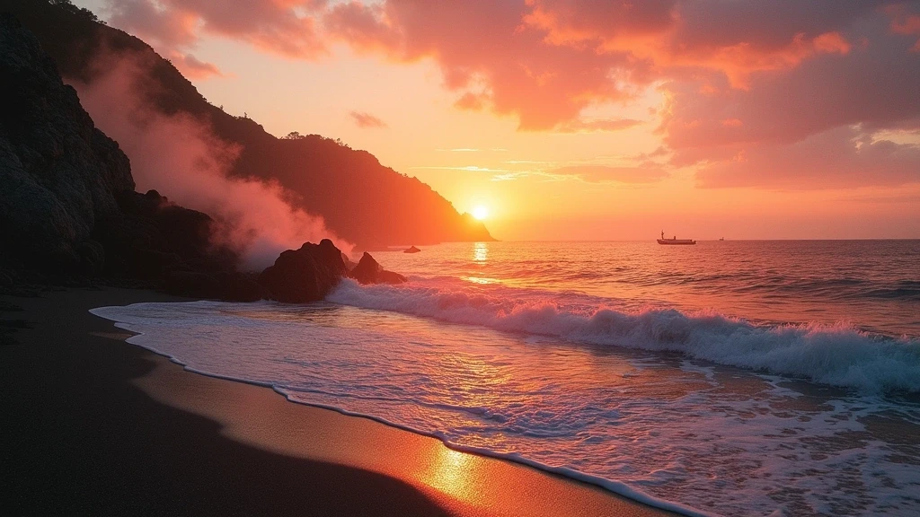 Sonnenuntergang ueber den Thermalbaenden von Ischia mit dampfenden Quellen und vulkanischen Klippen