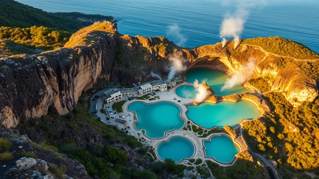 Dramatische Luftaufnahme der Ischia Thermal-Höhlen mit vulkanischen Felsen und dampfenden Quellen zur goldenen Stunde