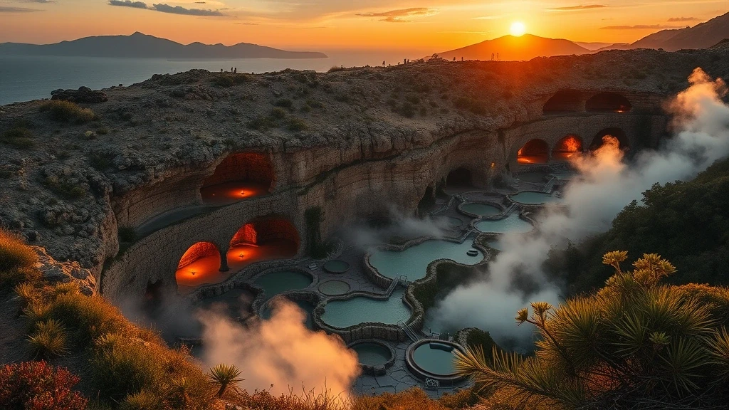 Panoramablick auf die Ischia Thermal-Höhlen bei Sonnenuntergang mit dampfenden Mineralbecken