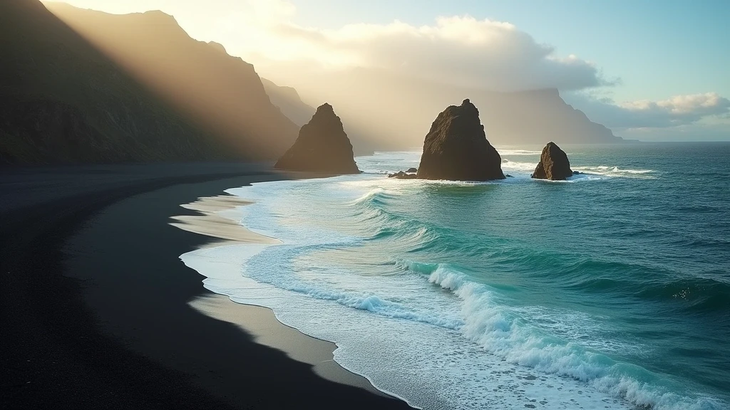 Panoramablick auf schwarzen Sandstrand und Basaltsaeulen auf Island, Island