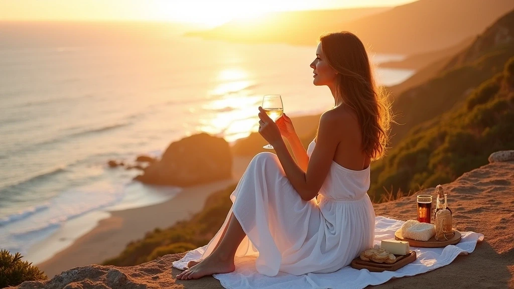 Elegante Frau geniesst Sonnenuntergangspicknick auf Klippe in Island, Island