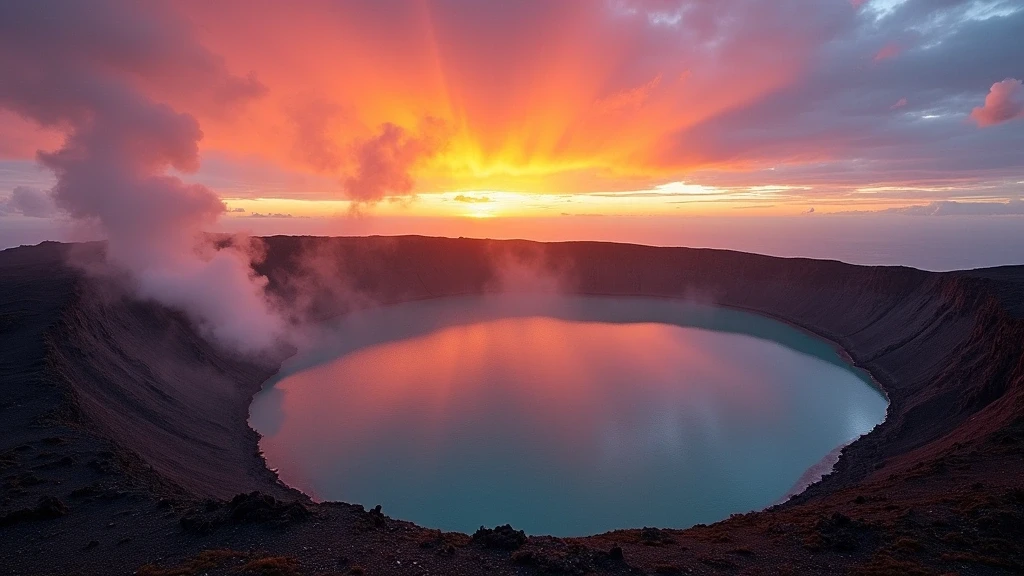 Sonnenuntergang ueber vulkanischem Krater auf Island, Island mit geothermalen Quellen