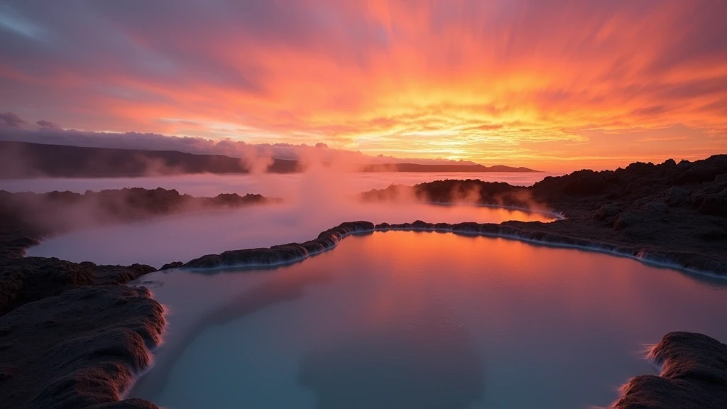 Dramatischer Sonnenuntergang ueber geothermalen Quellen in Island Umgebung, Island