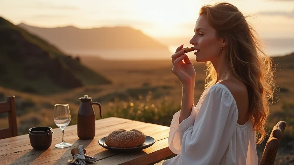 Elegante Frau geniesst traditionelles islaendisches Roggenbrot in Island Umgebung, Island