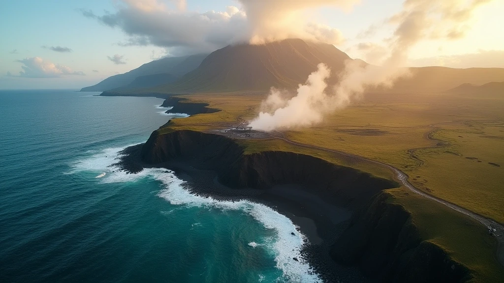 Dramatische Luftaufnahme der vulkanischen Landschaft von Island Umgebung, Island zur goldenen Stunde