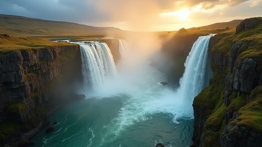 Panoramablick auf Wasserfall mit Basaltsaeulen in Island Umgebung, Island im goldenen Licht