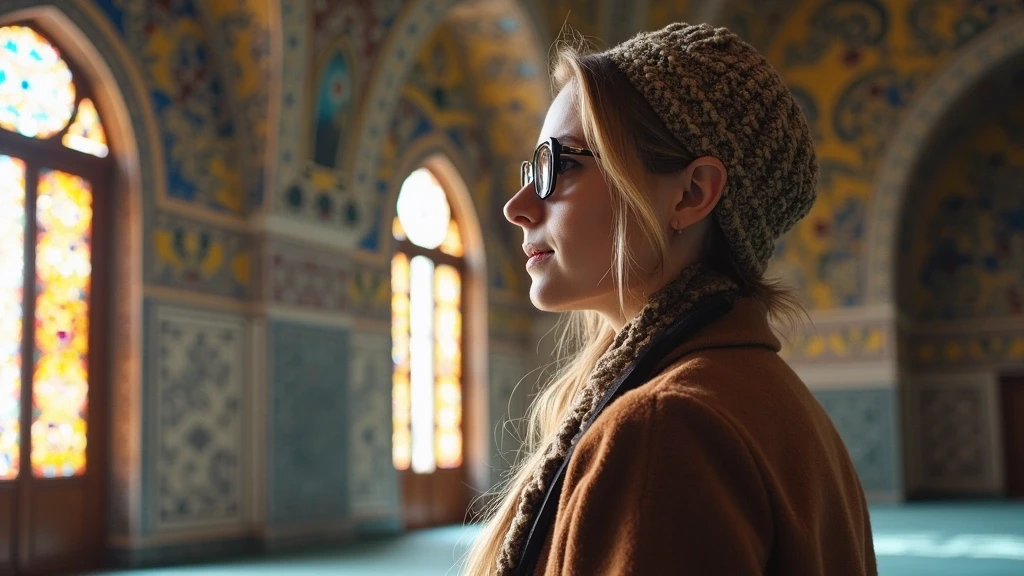 Reisende bewundert Iznik-Fliesen in der Blauen Moschee Istanbul