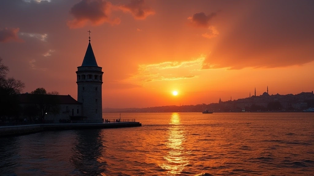 Sonnenuntergang am Bosporus in Istanbul mit Maedchenturm-Silhouette