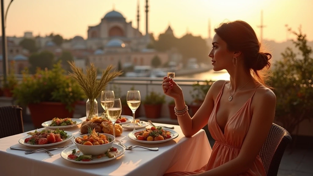 Elegante Frau geniesst tuerkische Meze auf Dachterrasse in Istanbul
