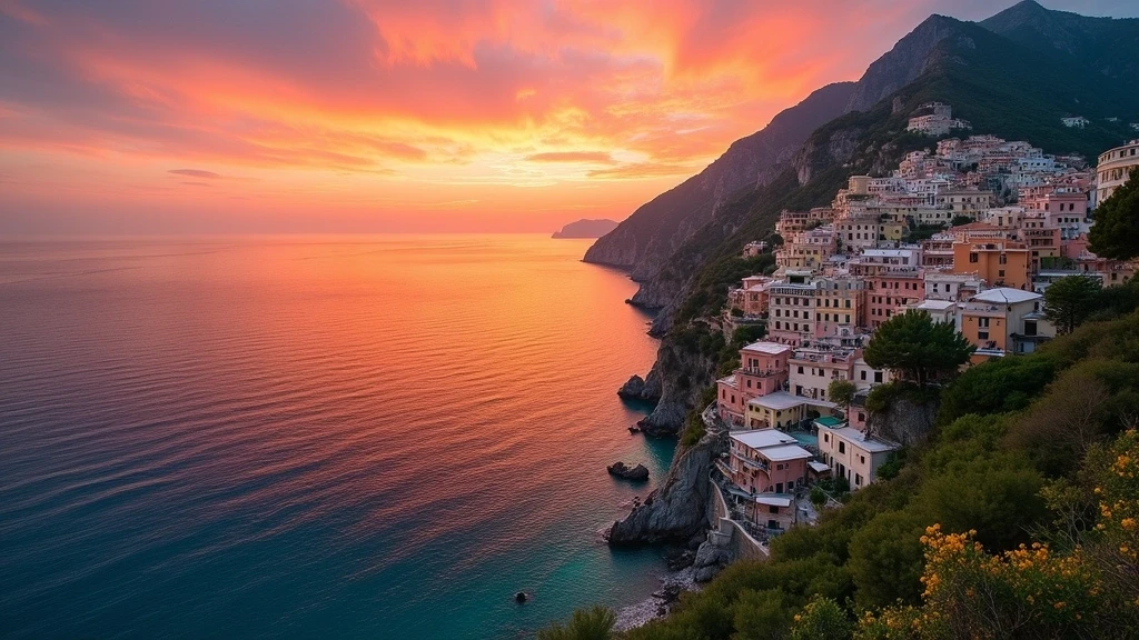 Sonnenuntergang an der Amalfiküste in Italien mit pastellfarbenen Dörfern