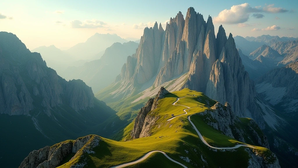 Luftaufnahme der Dolomiten in Italien zur goldenen Stunde mit dramatischen Berggipfeln