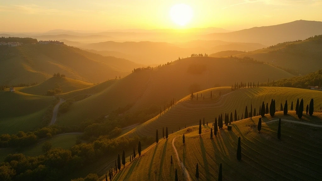 Luftaufnahme der toskanischen Landschaft zur goldenen Stunde mit Zypressen