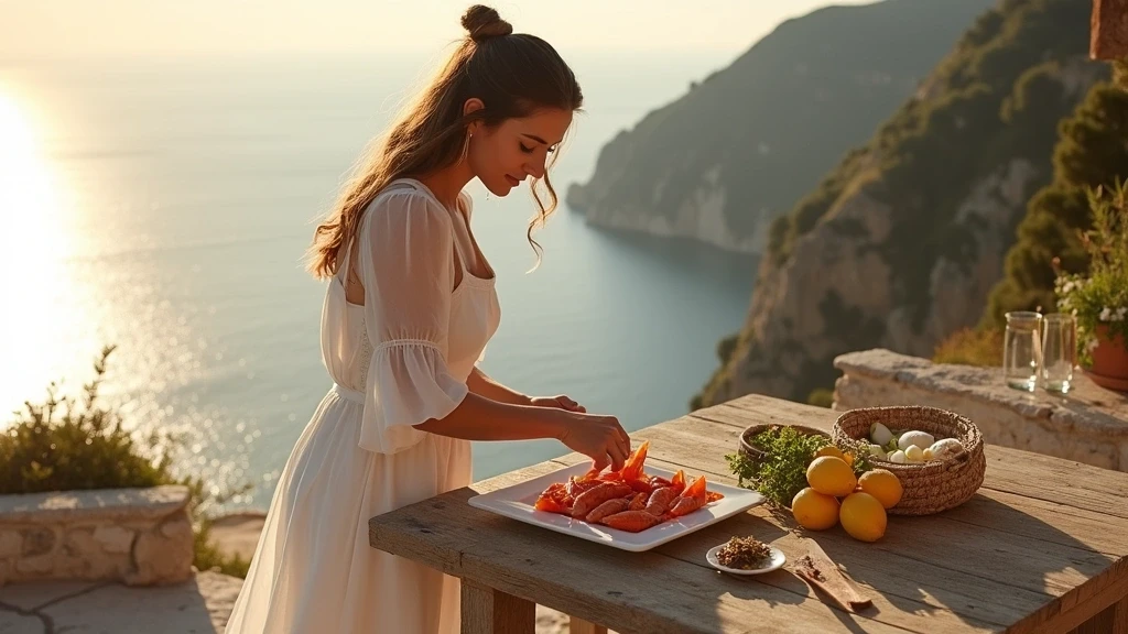 Elegante Frau bereitet Meeresfruechte auf Klippenterrasse der Italienischen Inseln zu