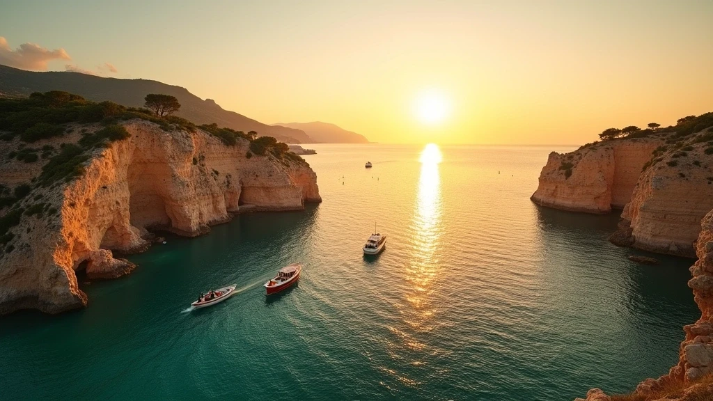 Sonnenuntergang ueber Felsformationen im smaragdgruenen Meer der Italienischen Inseln