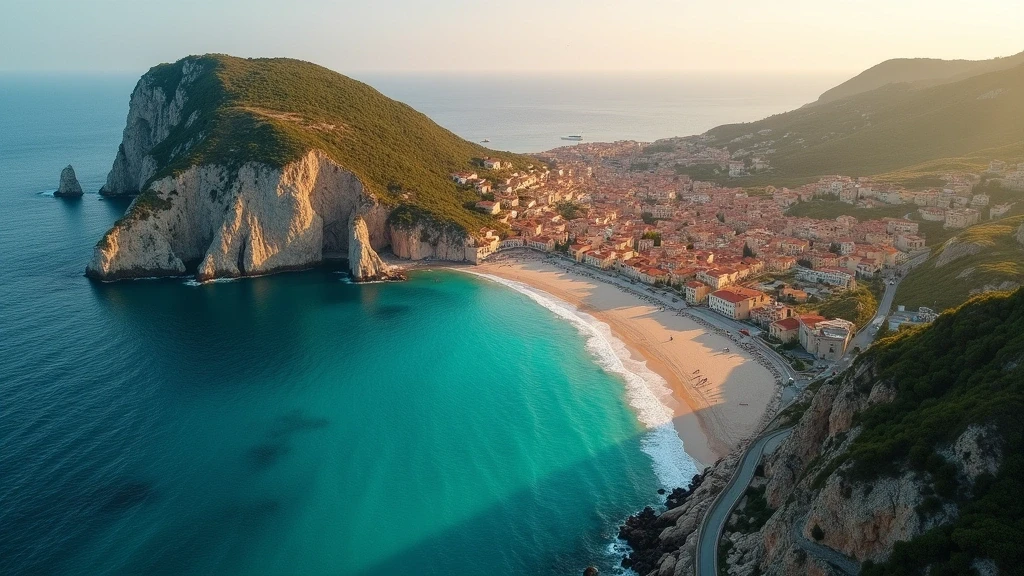 Dramatische Luftaufnahme der Italienischen Küste mit Kalksteinklippen und türkisfarbenem Meer zur goldenen Stunde