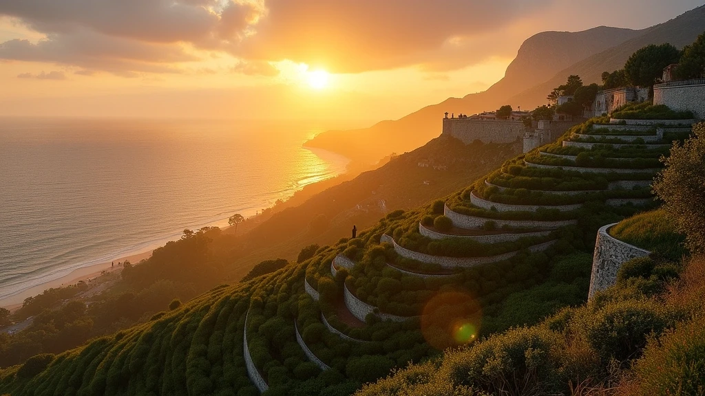 Sonnenaufgang über terrassierten Weinbergen an der Italienischen Küste mit Olivenhainen