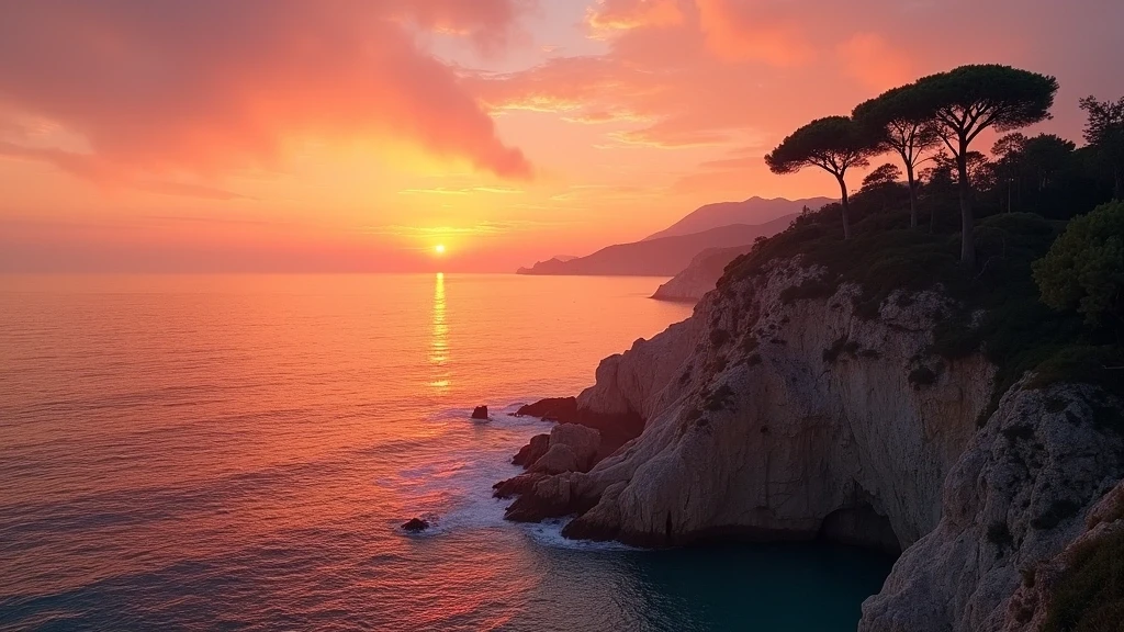 Panoramablick auf die felsige Küste der Italienischen Küste bei Sonnenuntergang mit Zypressen-Silhouetten