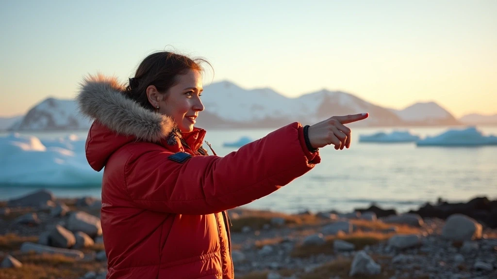 Lokale Fuehrerin in traditioneller Inuit-Parka zeigt auf Berge in Ittoqqortoormiit