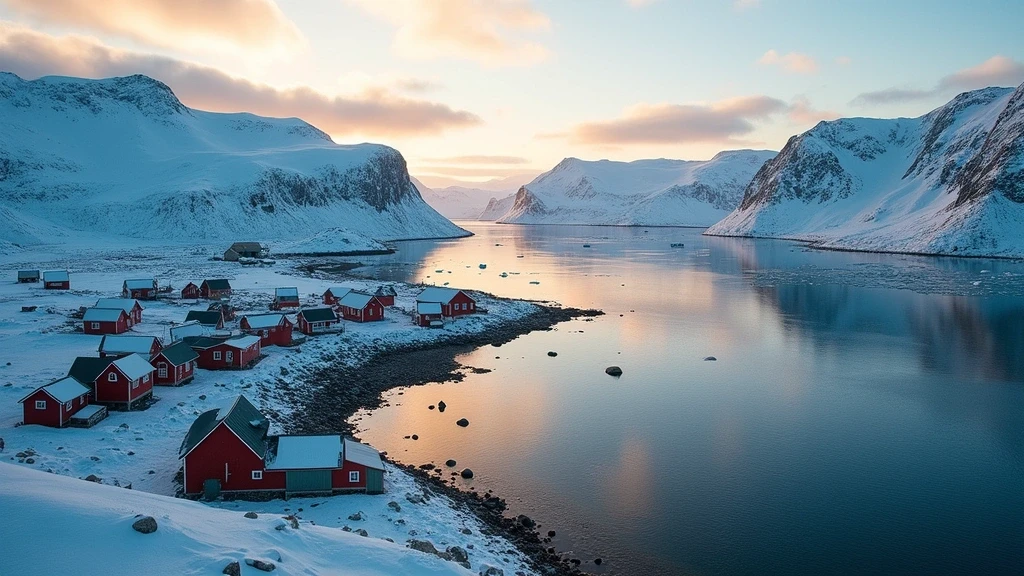 Luftaufnahme von Ittoqqortoormiit mit dramatischen Fjorden und bunten Haeusern zur goldenen Stunde