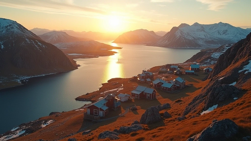 Panoramablick auf die abgelegene Siedlung Ittoqqortoormiit mit bunten Haeusern und Fjorden