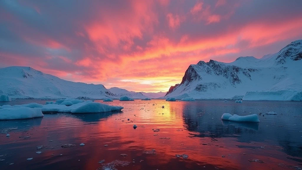 Sonnenuntergang ueber Scoresby Sund mit leuchtenden Eisbergen in Ittoqqortoormiit