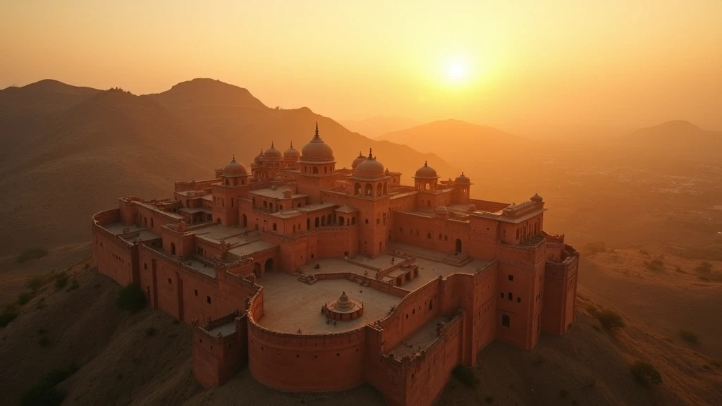 Luftaufnahme des Amber Forts in Jaipur zur goldenen Stunde mit dramatischer Beleuchtung
