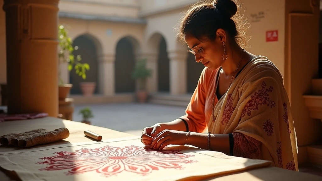 Handwerkerin demonstriert Blockdruck-Technik im Anokhi Museum in Jaipur mit Sonnenlicht