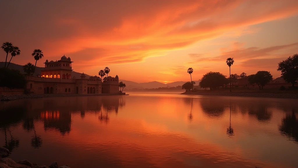 Panorama-Sonnenuntergang am Jal Mahal Wasserpalast in Jaipur mit Spiegelungen im See