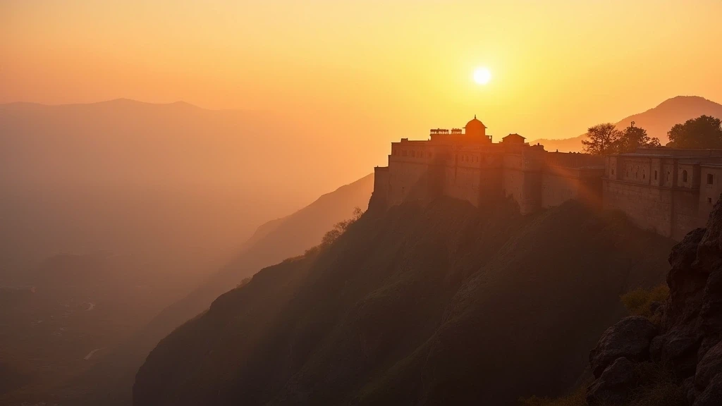 Sonnenaufgang ueber dem Nahargarh Fort in Jaipur mit nebligen Taelern im Vordergrund
