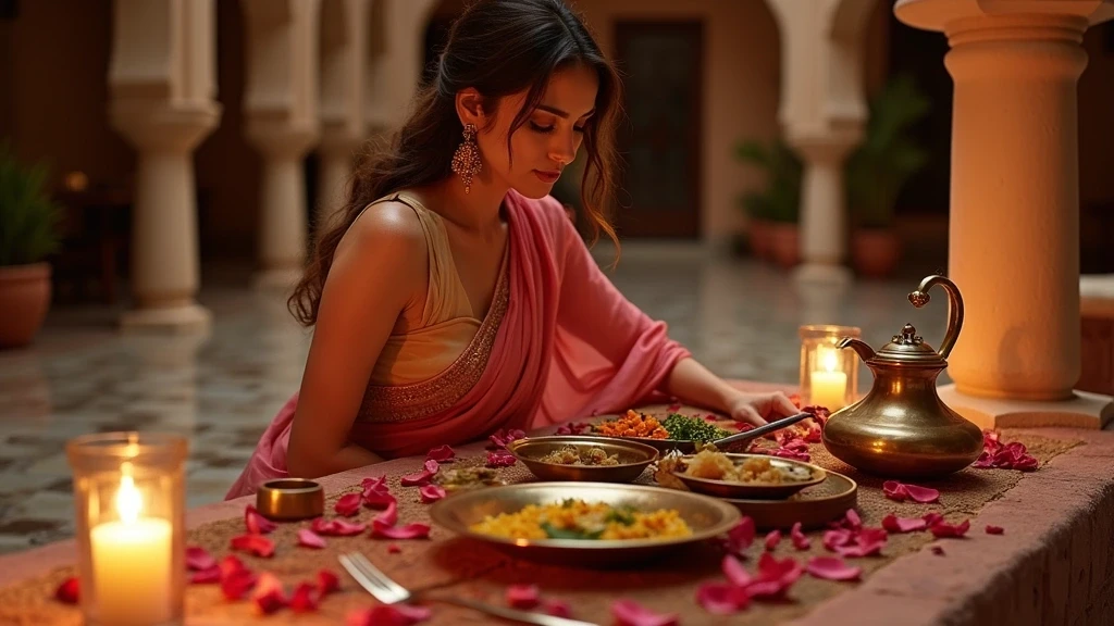 Elegante Frau geniesst traditionelles Rajasthani Thali Dinner in einem Luxus-Heritage-Hotel in Jaipur