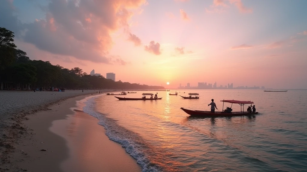 Panoramablick auf die Ancol-Kueste von Jakarta bei Sonnenaufgang