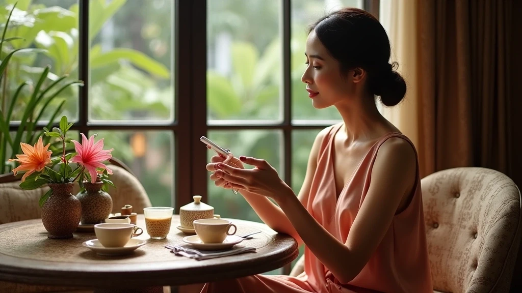 Elegante Frau geniesst indonesischen Nachmittagstee in Jakarta
