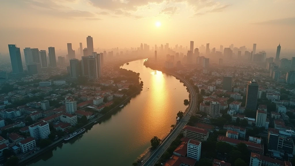 Luftaufnahme von Jakartas Skyline und Altstadt zur goldenen Stunde in Indonesien