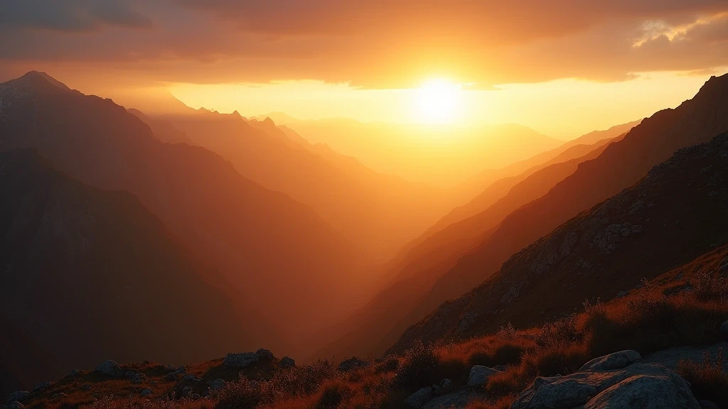 Sonnenuntergang ueber den Berggipfeln von Jamaika mit goldenem Licht