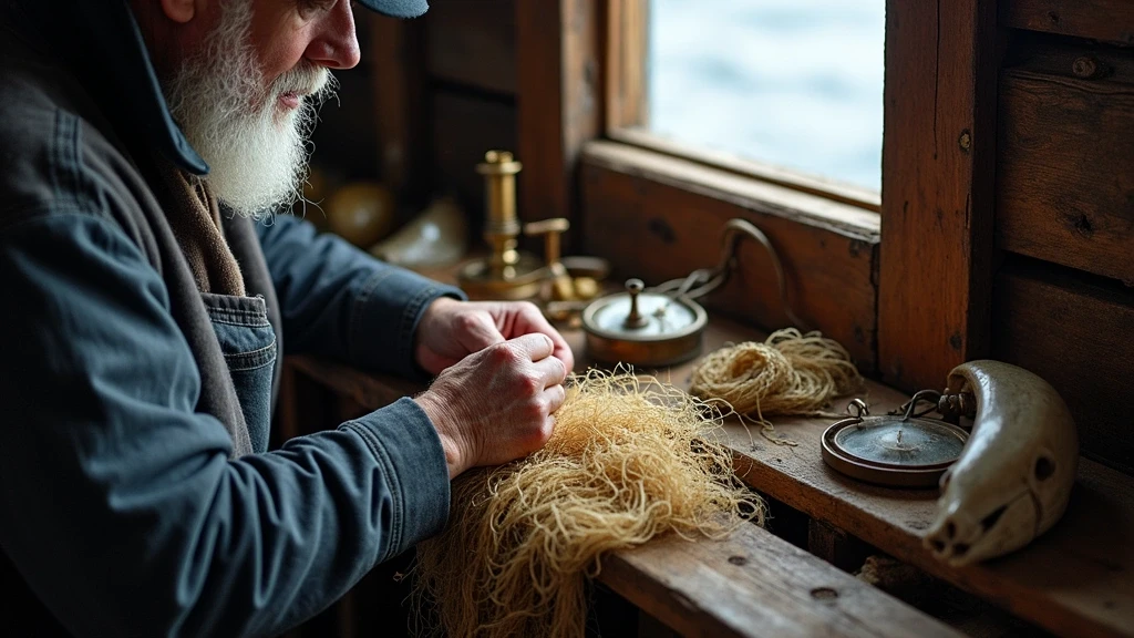 Traditionelle Fischerhaende beim Netzeflicken in Jan Mayen mit Navigationsinstrumenten