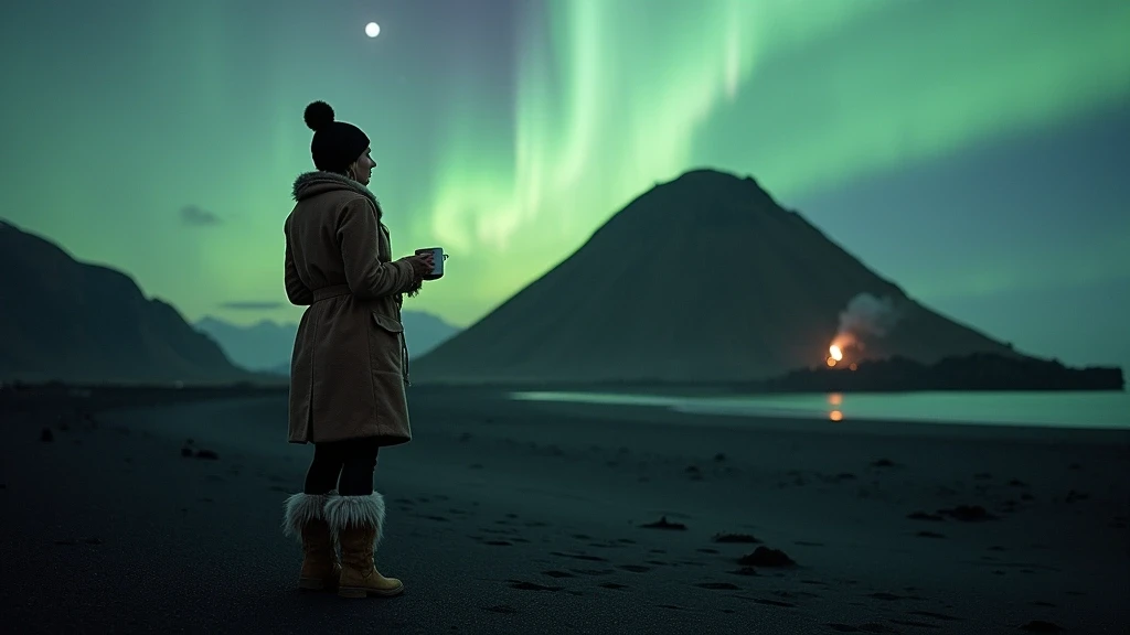 Elegante Frau auf vulkanischem Strand von Jan Mayen bei Polarlichtern mit Gluehwein