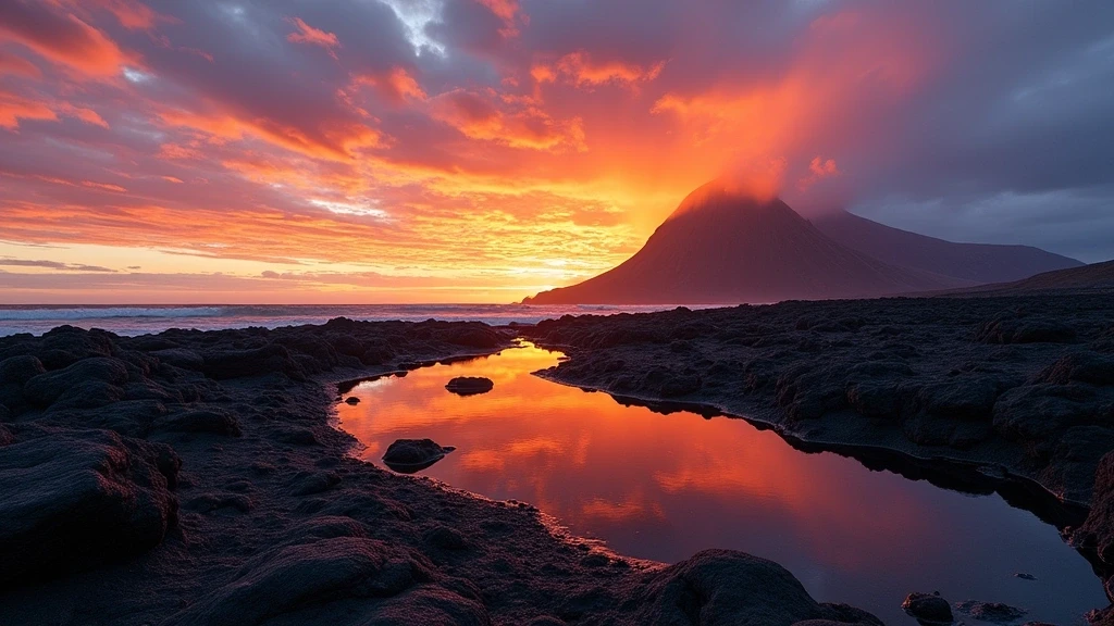 Sonnenuntergang ueber der Arktiskueste von Jan Mayen mit Beerenberg-Silhouette