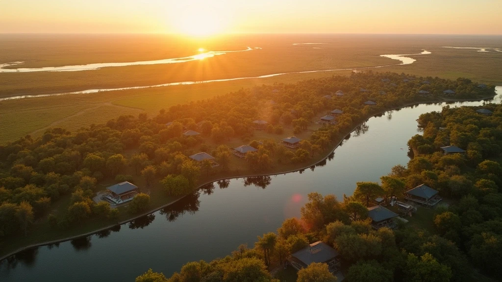 Luftaufnahme des Okavango Deltas mit Jao Camp zur goldenen Stunde in Botswana