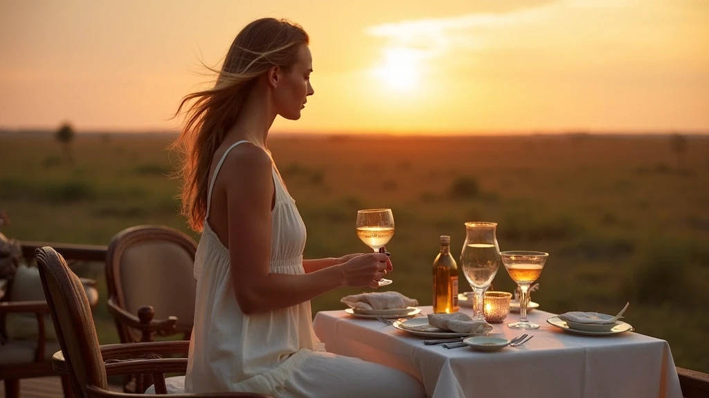 Elegante Frau geniesst Sonnenuntergangs-Cocktails auf der Terrasse von Jao Camp