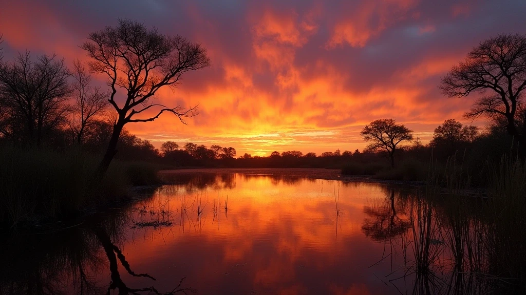 Dramatischer Sonnenuntergang ueber dem Okavango Delta bei Jao Camp in Botswana