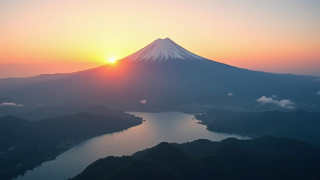 Luftaufnahme des Mount Fuji bei Sonnenaufgang mit goldenem Licht in Japan