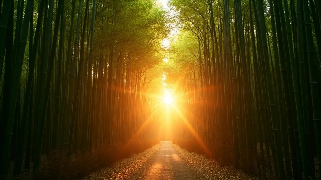 Sonnenuntergang im Arashiyama-Bambushain in Kyoto, Japan mit goldenem Licht