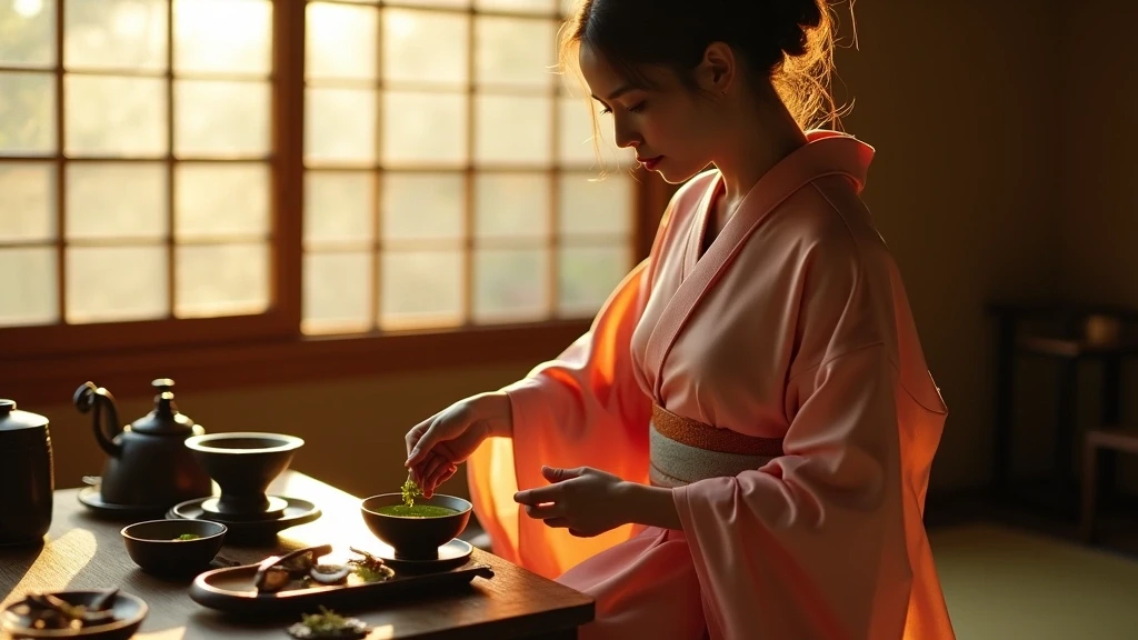 Elegante Frau in Kimono bei traditioneller Teezeremonie in Kyoto, Japan